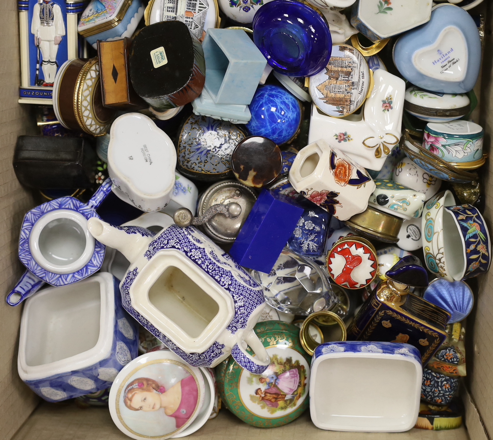 A large collection of porcelain and enamel trinket and patch boxes, together with miniature animals in glass and porcelain, (approximately 80 pieces)